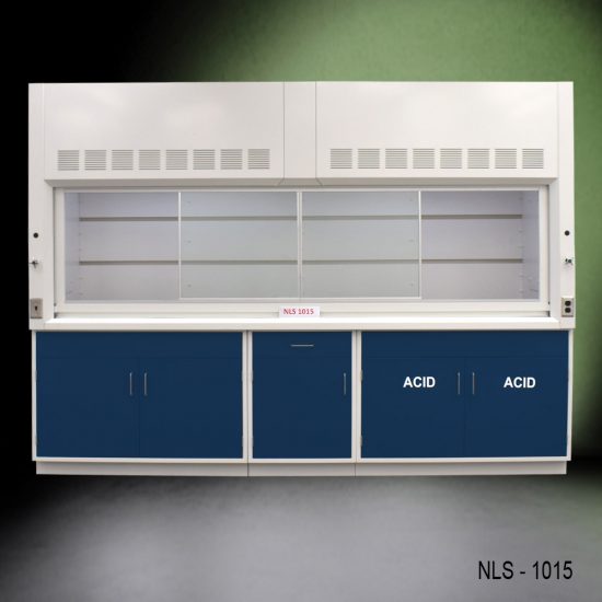 Front view of 10' Fisher American Fume Hood w/ ACID & General Storage with fume doors in the middle
