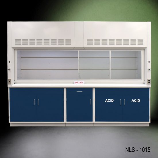 Front view of 10' Fisher American Fume Hood w/ ACID & General Storage with fume doors all the way to the right
