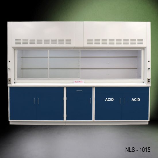 Front view of 10' Fisher American Fume Hood w/ ACID & General Storage with fume doors all the way to the left