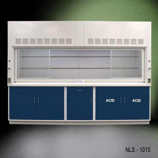 Front view of 10' Fisher American Fume Hood w/ ACID & General Storage