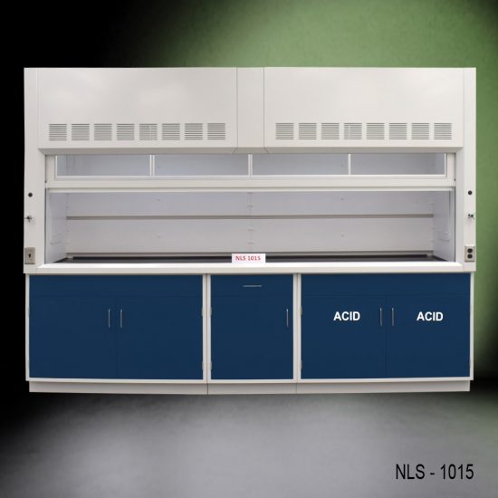 Front view of 10' Fisher American Fume Hood w/ ACID & General Storage with pull up fume doors