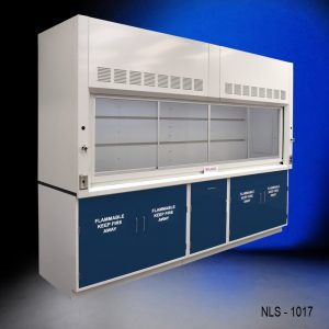 Left Angle View 10' Fisher American Fume Hood w/ Flammable Storage Cabinets