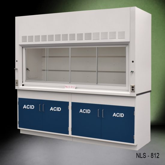Full front view of 8' Fisher American Fume Hood w/ Blue ACID Storage Cabinets with fume doors in the middle