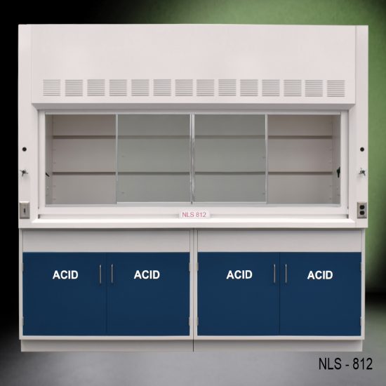Full front view of 8' Fisher American Fume Hood w/ Blue ACID Storage Cabinets with fume doors in the middle