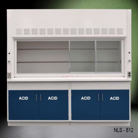 Full front view of 8' Fisher American Fume Hood w/ Blue ACID Storage Cabinets with fume doors on right side