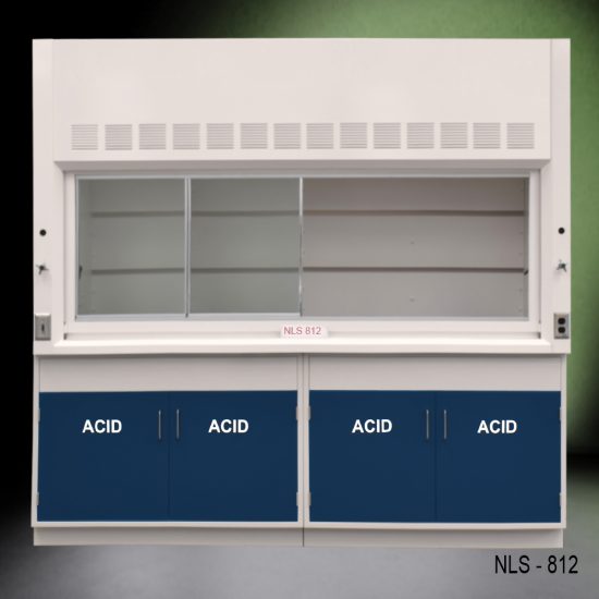 Full front view of 8' Fisher American Fume Hood w/ Blue ACID Storage Cabinets with fume doors on left side