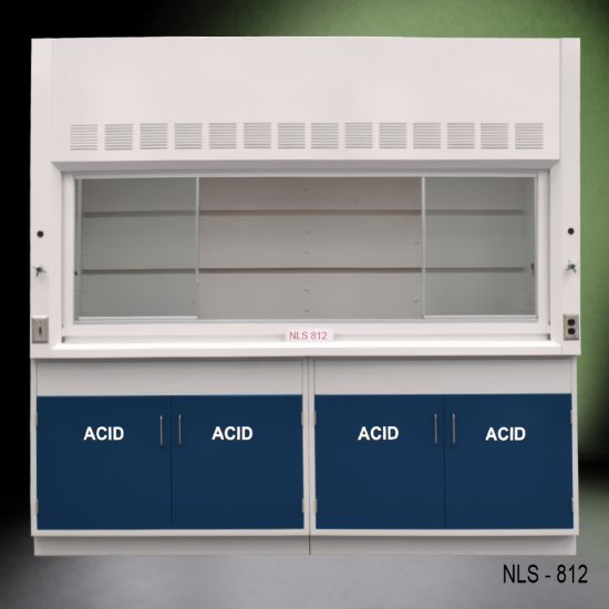 Full front view of 8' Fisher American Fume Hood w/ Blue ACID Storage Cabinets with fume doors split on each side