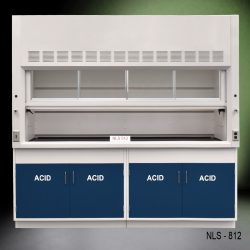 Full front view of 8' Fisher American Fume Hood w/ Blue ACID Storage Cabinets
