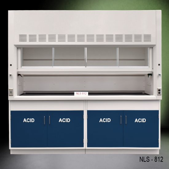 Full front view of 8' Fisher American Fume Hood w/ Blue ACID Storage Cabinets