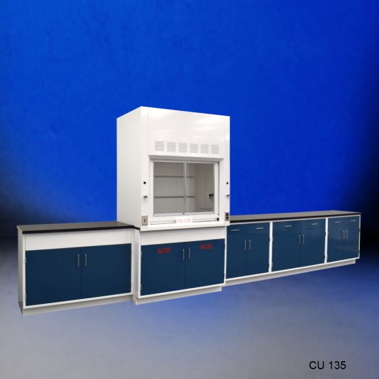 Angled view 4' Fisher American Fume Hood w/ 14' Blue Acid & General Storage Cabinets.