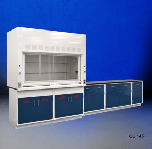 Front view of 6' Fisher American fume hood with 9' of Acid and General Cabinets
