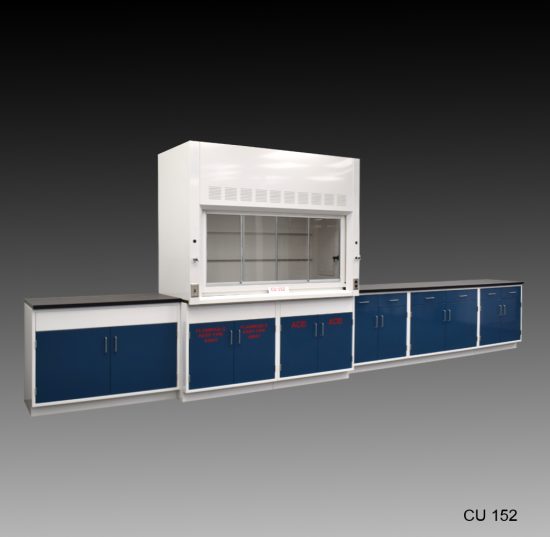 Front view of 6 foot Fisher American Fume Hood with 14 feet of Flammable, Acid, & General Storage Cabinets