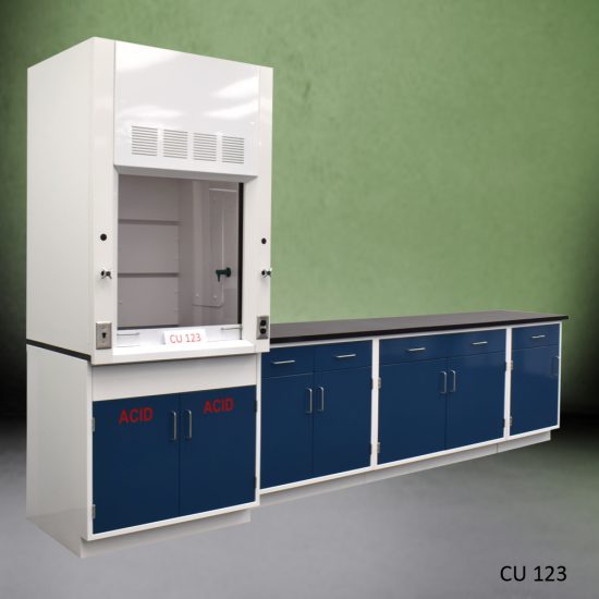 Front view of 3' Fisher American Fume Hood w/ 9' Blue Cabinets
