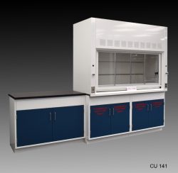 Angled view of 6' Fume Hood that comes with 9' of flammable and standard cabinets. Sash is closed.