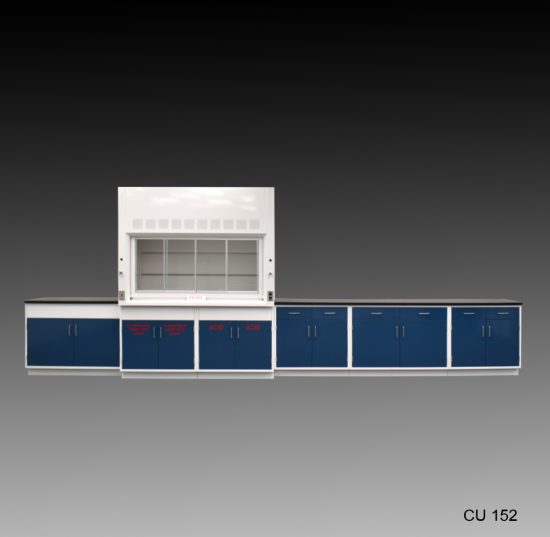 Front view of 6 foot Fisher American Fume Hood with 14 feet of Flammable, Acid, & General Storage Cabinets