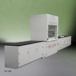CU108 Front Angle 4' Fisher American Fume Hood w/ 15' Cabinets
