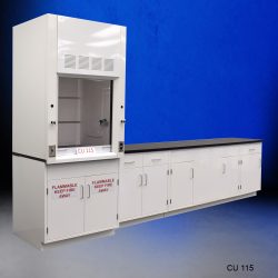 Angled Front View 3' Fisher American Fume Hood w/ 10' Cabinets