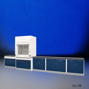 Angled view of 4' Fisher American Fume Hood with 14' Blue Acid & General Storage Cabinets.