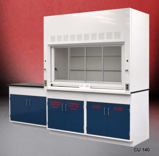 Angled view of 6' Fisher American Fume Hood w/ 9' Flammable & General Storage Cabinets. Sash is half open.