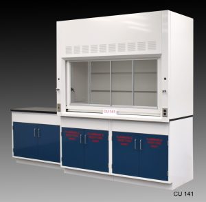 Angled view of 6' Fume Hood that comes with 9' of flammable and standard cabinets.
