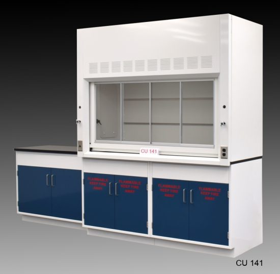 Angled view of 6' Fume Hood that comes with 9' of flammable and standard cabinets.