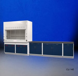Front view of 6' Fisher American fume hood with 9' of Acid and General Cabinets