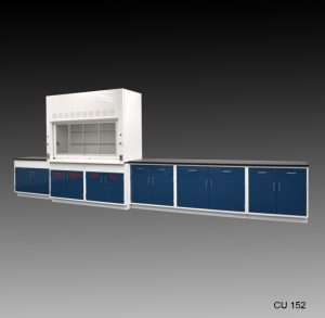 Angled Front view of 6 foot Fisher American Fume Hood with 14 feet of Flammable, Acid, & General Storage Cabinets