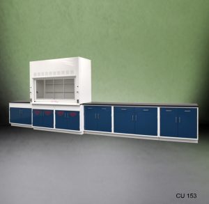 Angled front view of Fisher American Fume Hood with 14' Blue Cabinets