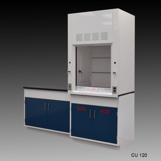 Angled view 3' Fisher American Fume Hood w/ 4' Cabinets