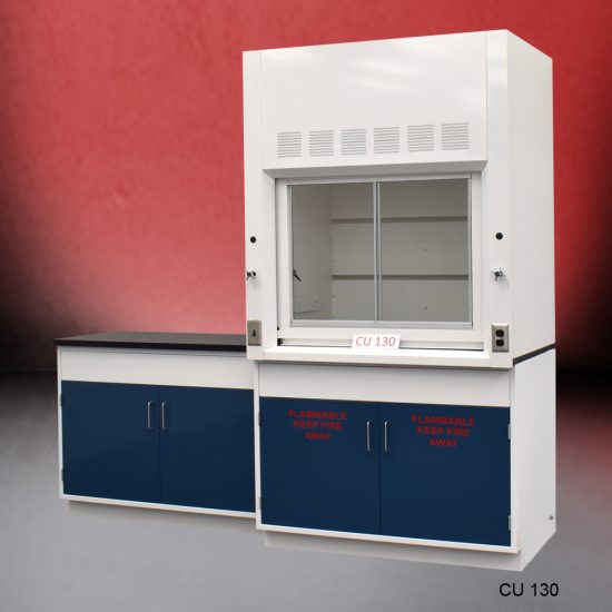 Angled view of 4' Fisher American Fume Hood with 4' Cabinets.