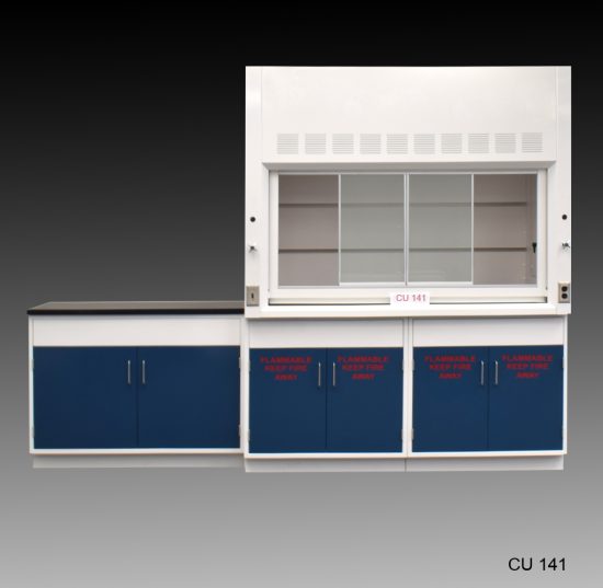 Front view of 6' Fume Hood that comes with 9' of flammable and standard cabinets. Sash is half open.