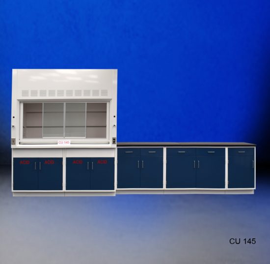 Front view of 6' Fisher American fume hood with 9' of Acid and General Cabinets