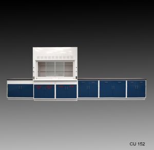 Front view of 6 foot Fisher American Fume Hood with 14 feet of Flammable, Acid, & General Storage Cabinets