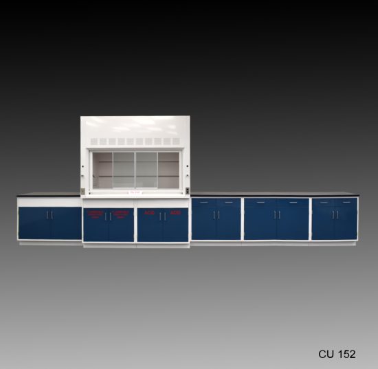 Front view of 6 foot Fisher American Fume Hood with 14 feet of Flammable, Acid, & General Storage Cabinets