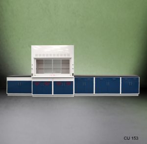 Front view of Fisher American Fume Hood with 14' Blue Cabinets