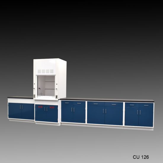 3' Fisher American Fume Hood w/ 14' Acid & General Storage Cabinets.