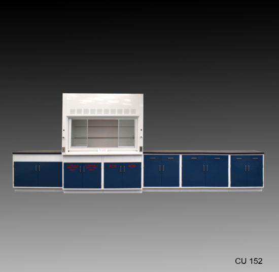 Front view of 6 foot Fisher American Fume Hood with 14 feet of Flammable, Acid, & General Storage Cabinets