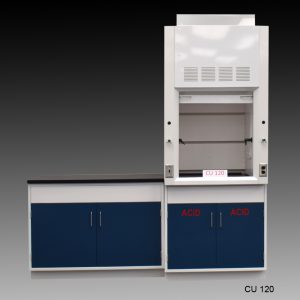 Front view of 3' Fisher American Fume Hood w/ 4' Cabinets