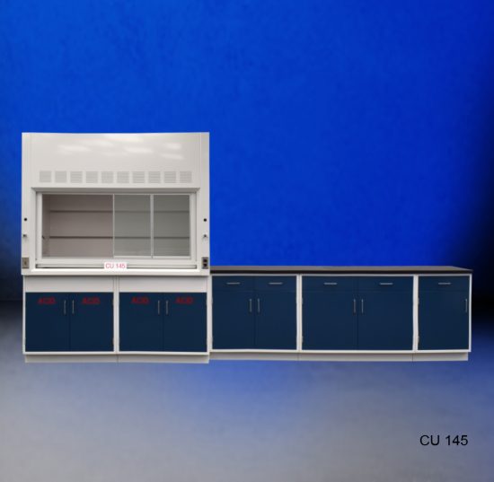 Front view of 6' Fisher American fume hood with 9' of Acid and General Cabinets