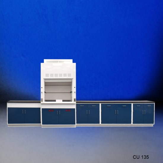 Front view of 4' Fisher American Fume Hood w/ 14' Blue Acid & General Storage Cabinets