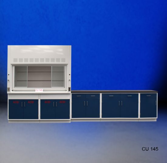 Front view of 6' Fisher American fume hood with 9' of Acid and General Cabinets