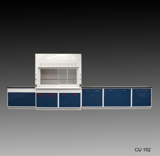 Front view of 6 foot Fisher American Fume Hood with 14 feet of Flammable, Acid, & General Storage Cabinets