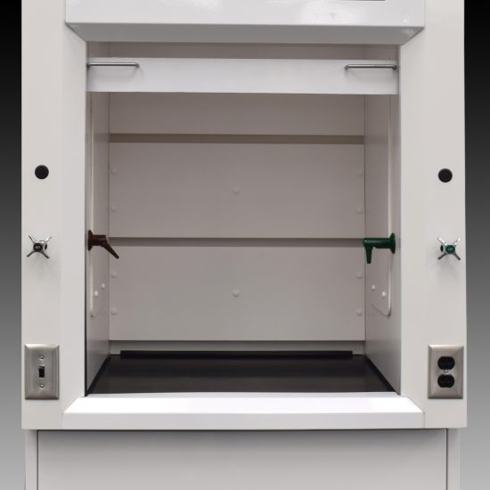 Inside view of 3' Fisher American Fume Hood w/ 14' Acid and General Storage Cabinets.