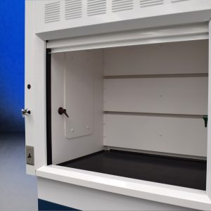 Inside view of 4' Fisher American Fume Hood w/ 14' Blue Acid & General Storage Cabinets