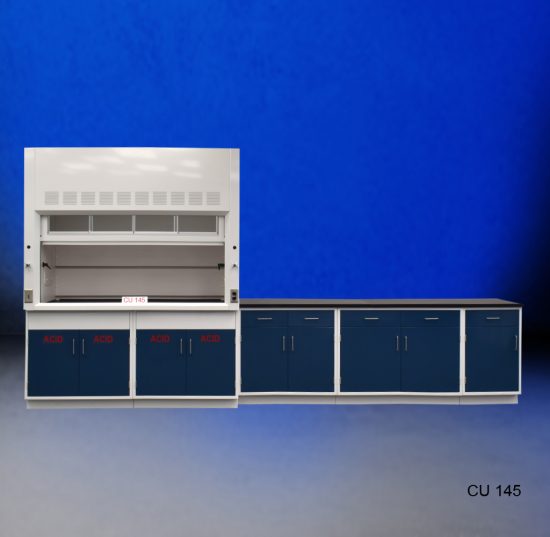 Front view of 6' Fisher American fume hood with 9' of Acid and General Cabinets