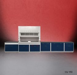 Front view of 6 ft Fisher American Fume Hood with 1 Acid Cabinet and 14 ft of General Cabinets