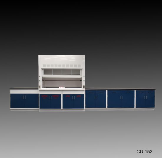 Front view of 6 foot Fisher American Fume Hood with 14 feet of Flammable, Acid, & General Storage Cabinets