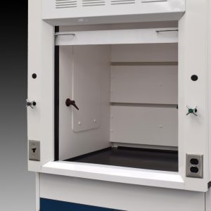 Inside view of 3' Fisher American Fume Hood w/ 14' Acid & General Storage Cabinets.