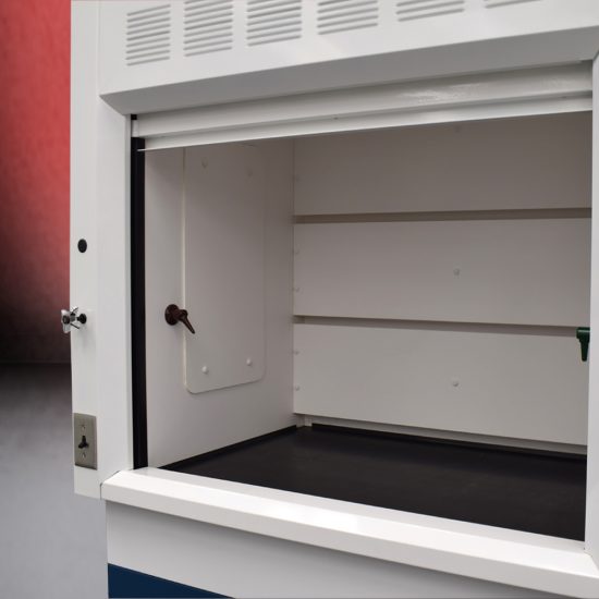Inside view of 4' Fisher American Fume Hood with 4' Blue Cabinets