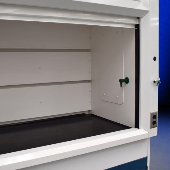 Inside view of 4' Fisher American Fume Hood with 14' Blue Acid & General Storage Cabinets